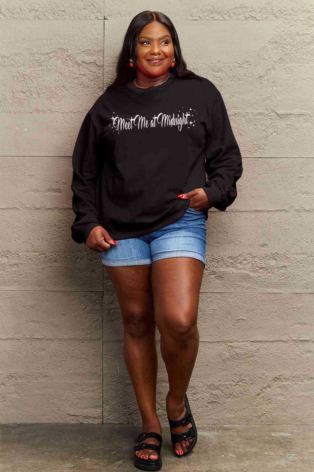 Simply Love Full Size MEET ME AT MIDNIGHT Graphic Round Neck Sweatshirt