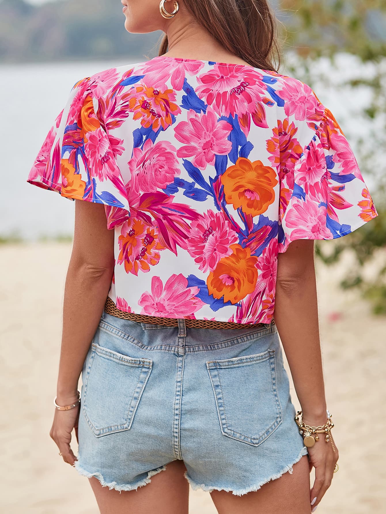 Floral V-Neck Flutter Sleeve Blouse