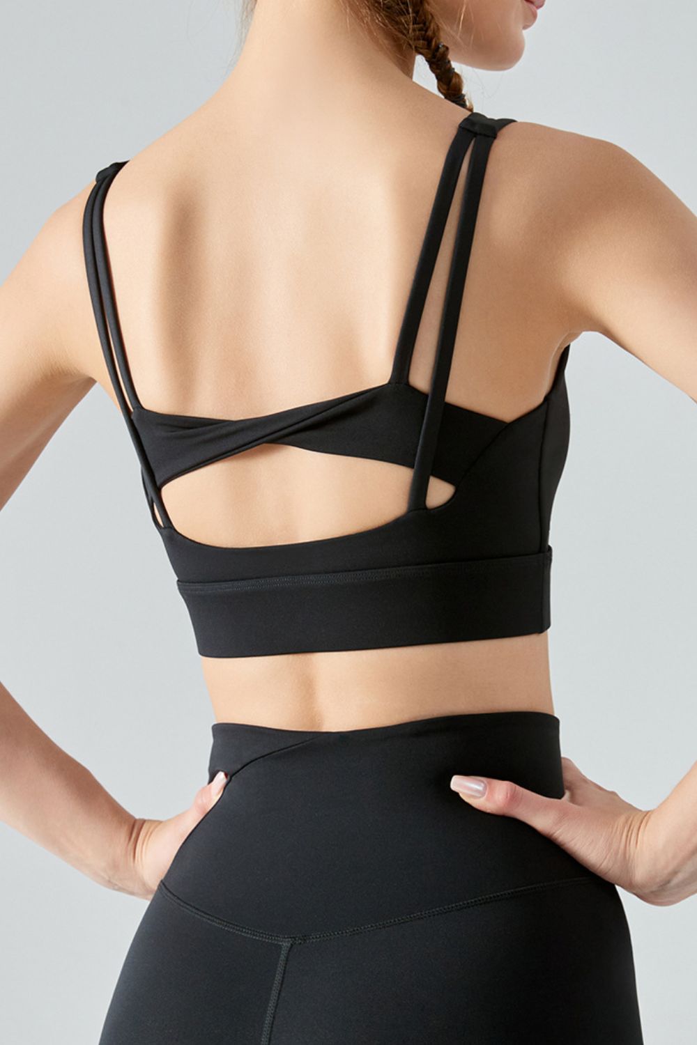 Faux Layered Twist Back Cutout Sports Bra