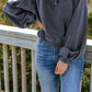 Quarter-Snap Collared Lantern Sleeve Sweatshirt