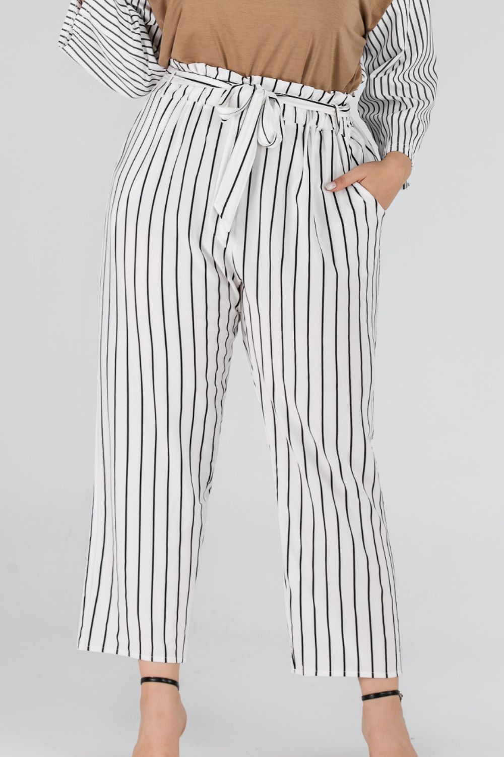 Full Size Striped Paperbag Waist Cropped Pants