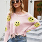 Smiley Face Distressed Round Neck Sweater