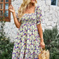 Floral Square Neck Smocked Frill Trim Dress
