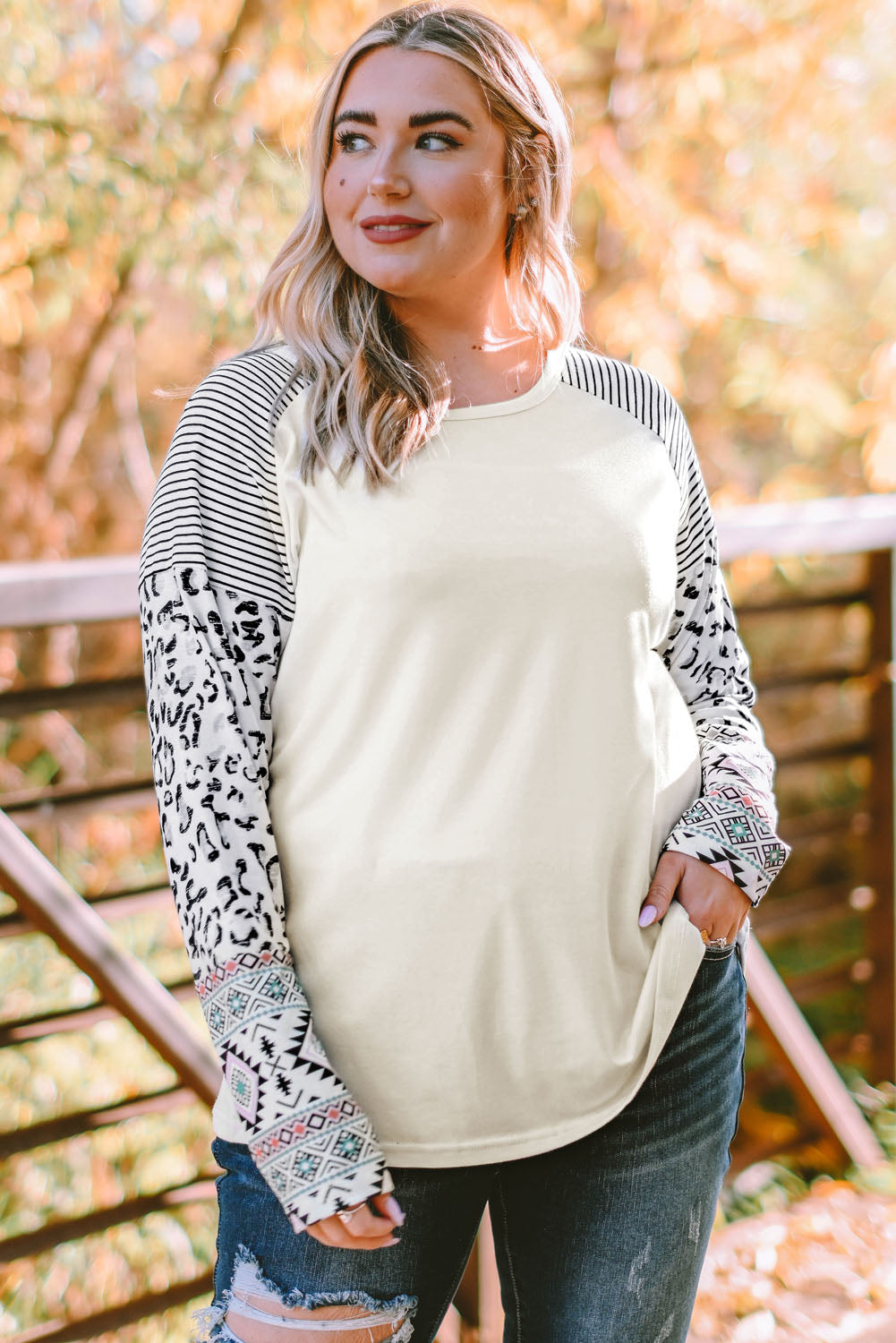 Plus Size Mixed Print Raglan Sleeve Round Neck Top