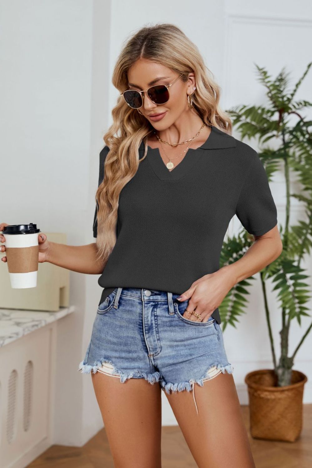 Johnny Collar Short Sleeve Knit Top