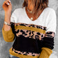 Leopard Color Block V-Neck Rib-Knit Sweater