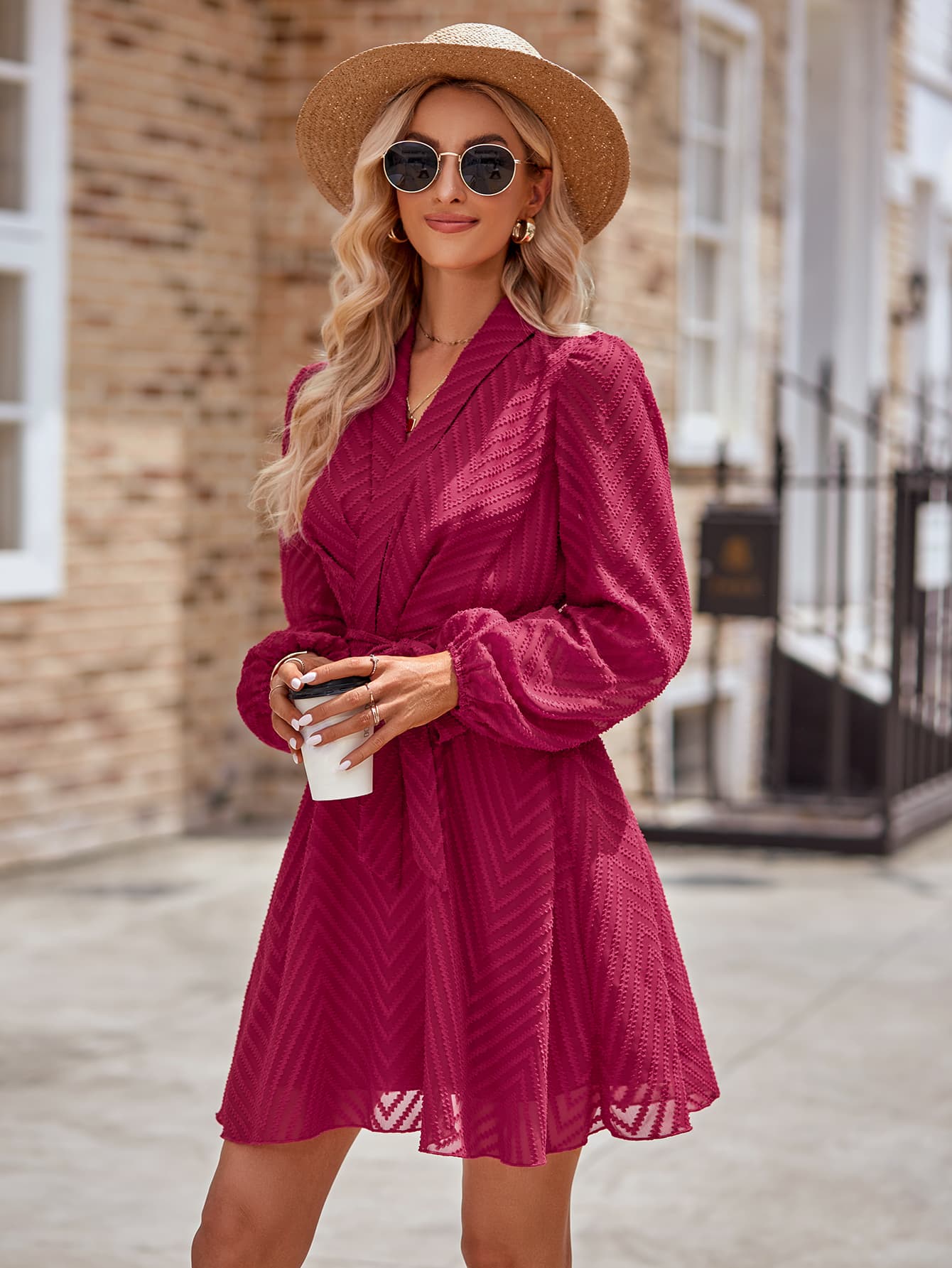 Belted Surplice Neck Long Sleeve Mini Dress