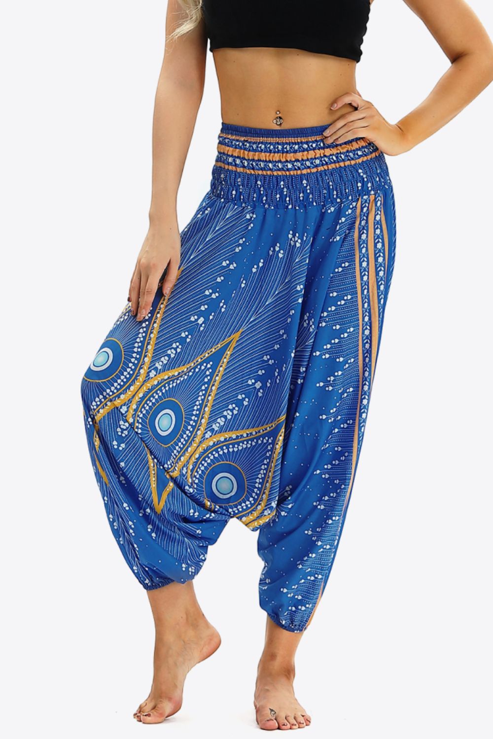 Printed Smocked Waist Harem Pants