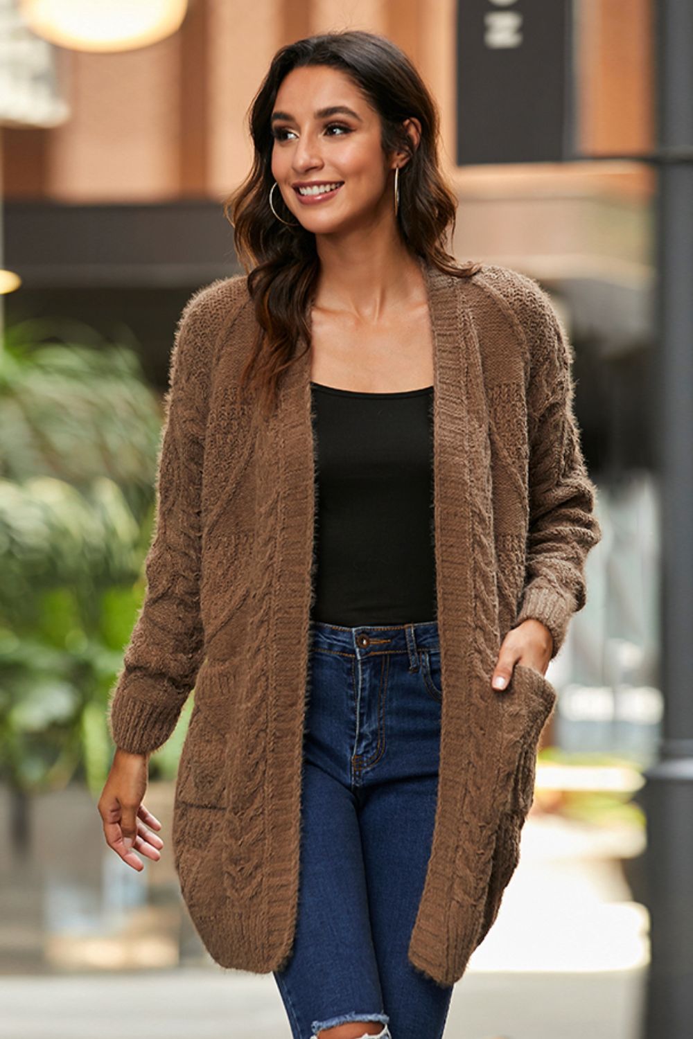 Mixed Knit Open Front Longline Cardigan