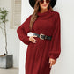 Mixed Knit Turtleneck Lantern Sleeve Sweater Dress