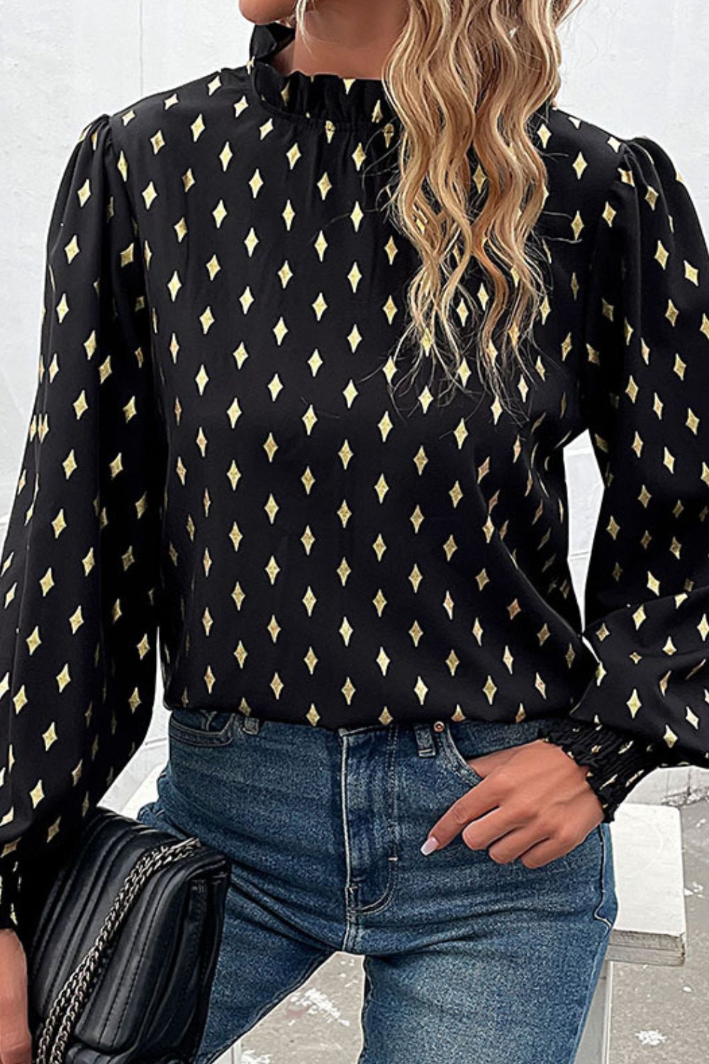 Geometric Print Frill Neck Lantern Sleeve Blouse