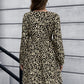 Animal Print Buttoned V-Neck Long Sleeve Dress