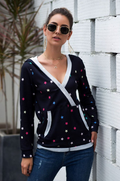 Star Print Kangaroo Pocket Hoodie