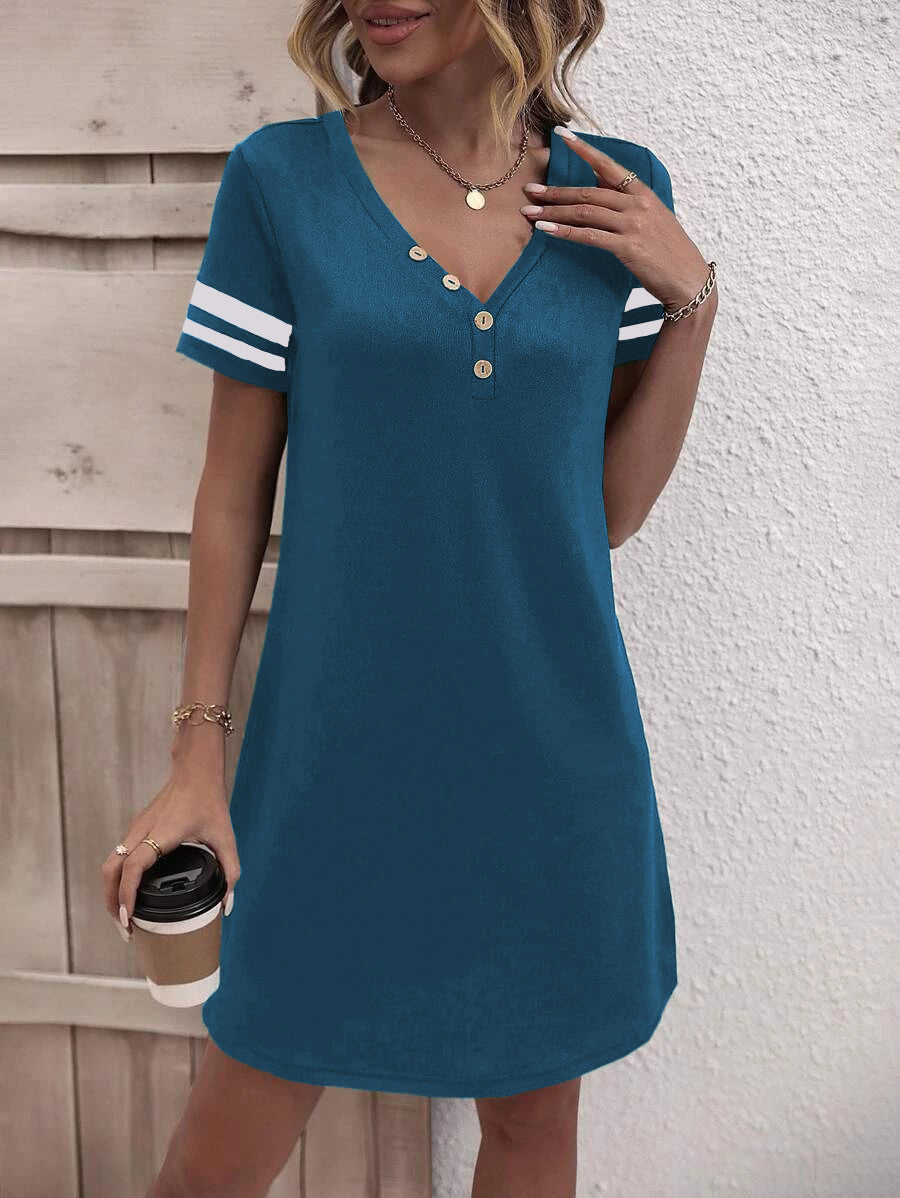 Striped Short Sleeve Decorative Button Dress