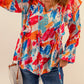 Brush Stroke Ruffled Tie Neck Blouse
