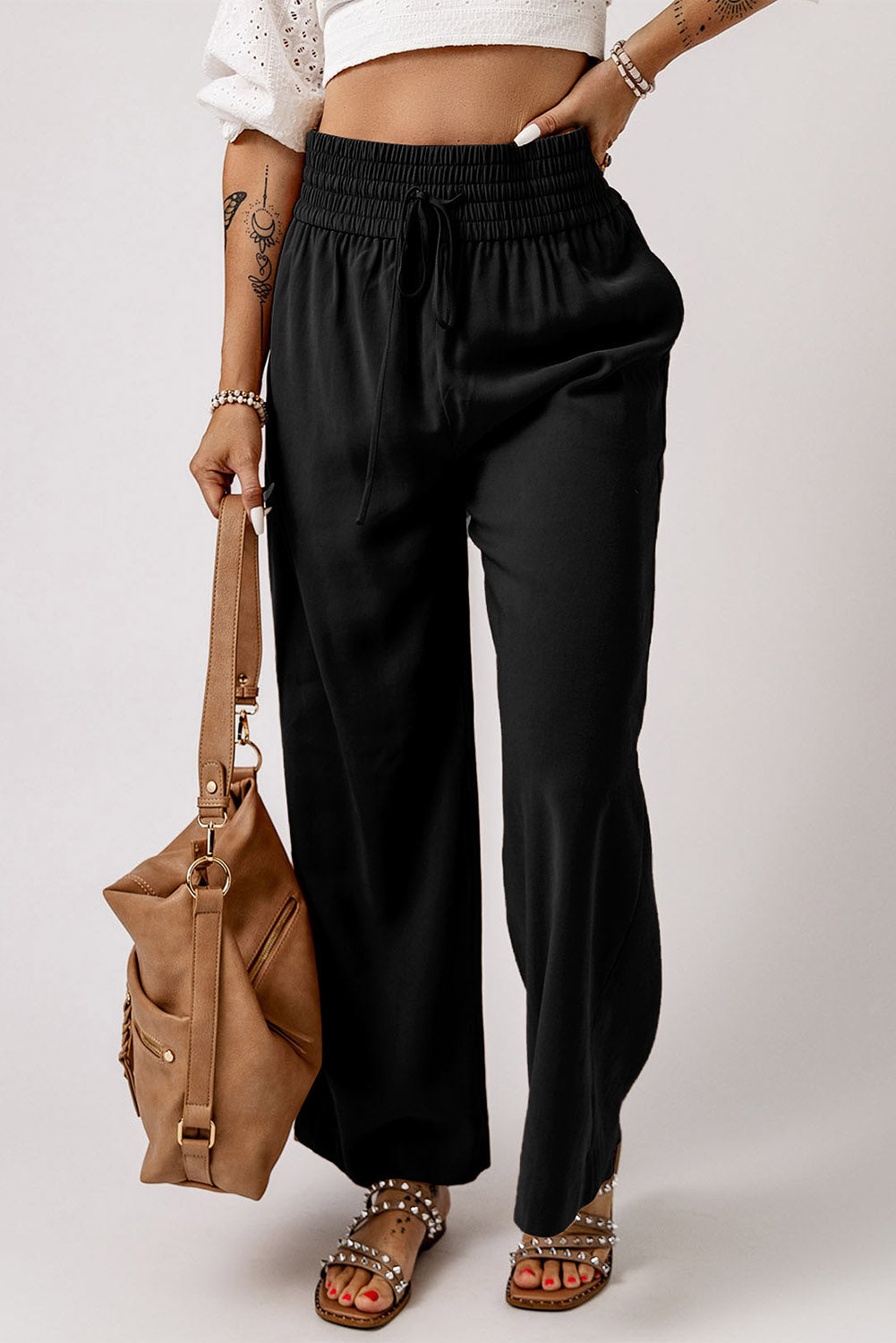 Drawstring Smocked Waist Wide Leg Pants