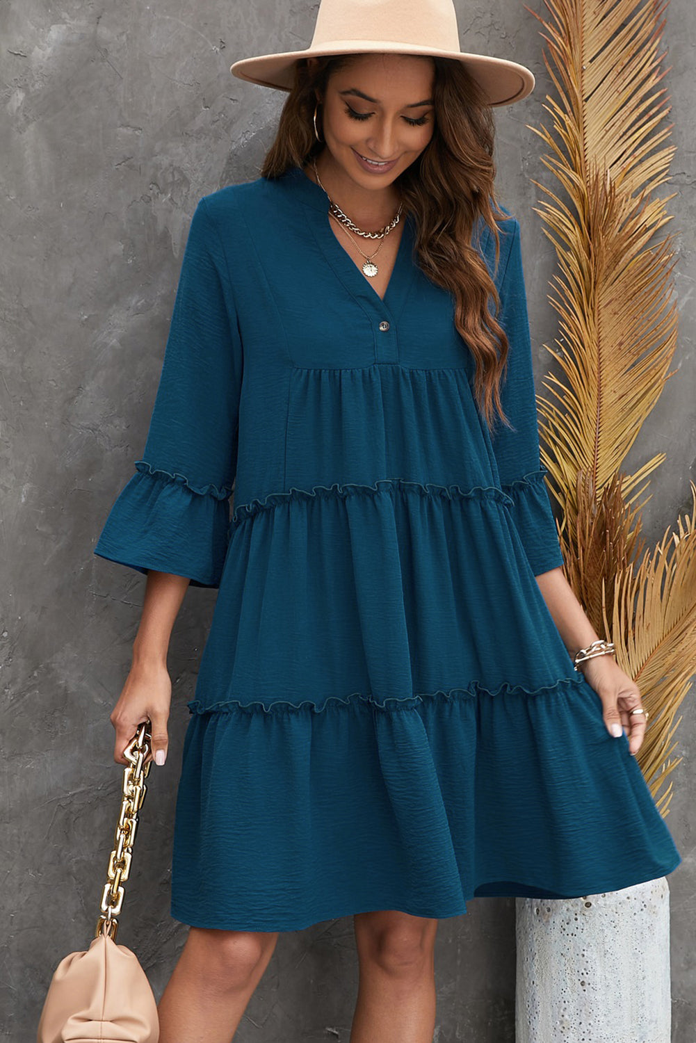 Frill Trim Three-Quarter Flare Sleeve Dress