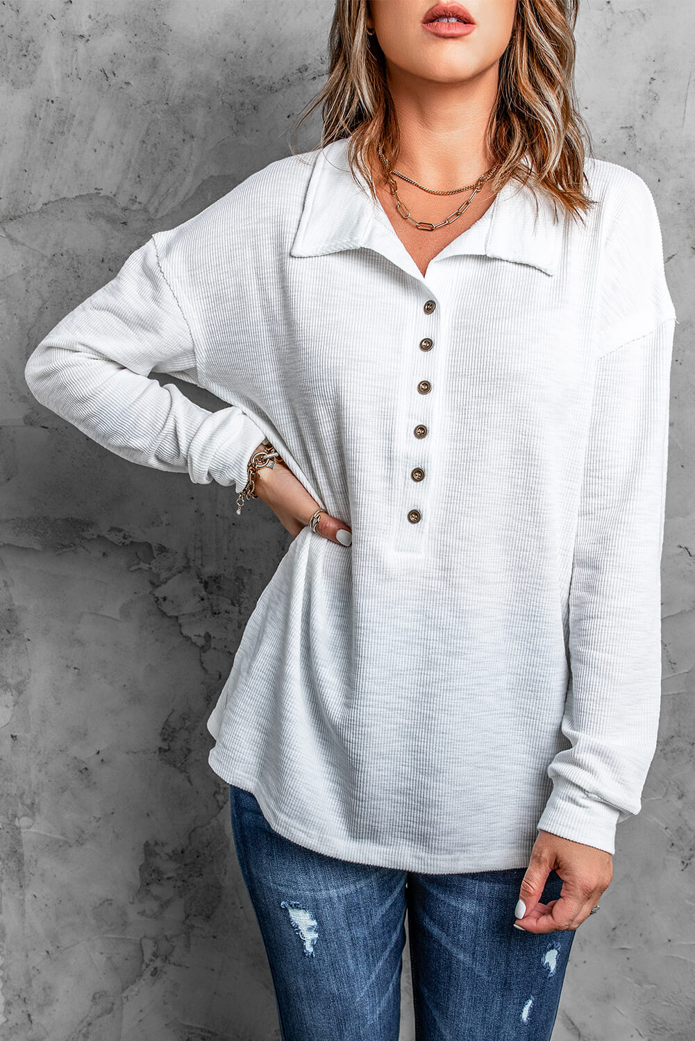 Half Button Collared Knit Top