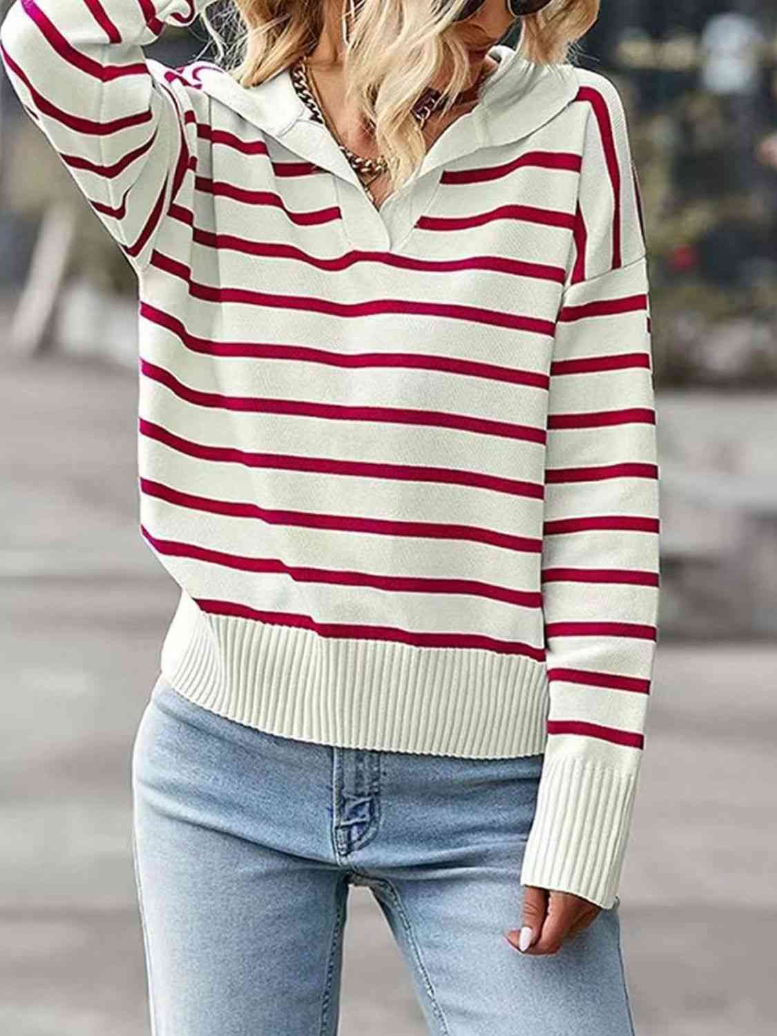 Striped Collared Neck Knit Top