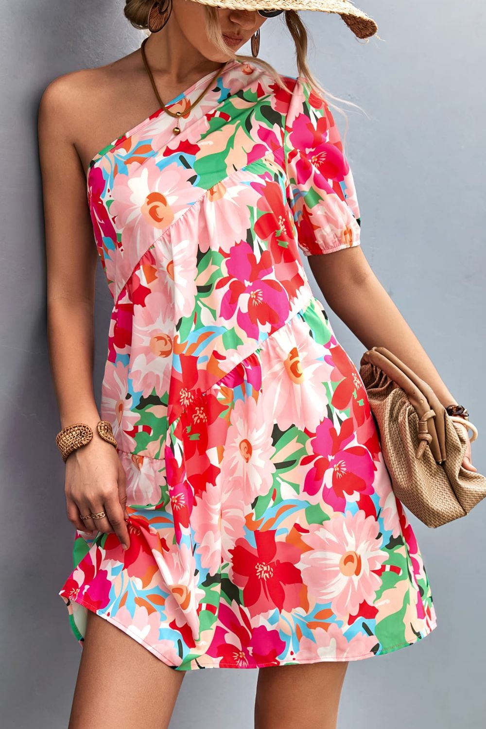 Floral One-Shoulder Puff Sleeve Dress