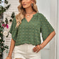 Swiss Dot Notched Neck Flare Sleeve Blouse