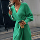Belted Surplice Lantern Sleeve Wrap Sweater Dress