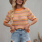 Striped Openwork Half Sleeve Knit Top