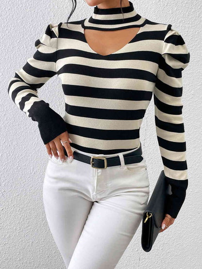 Striped Cutout Mock Neck Knit Top