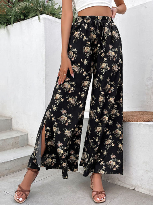 Floral Side Slit Wide Leg Pants