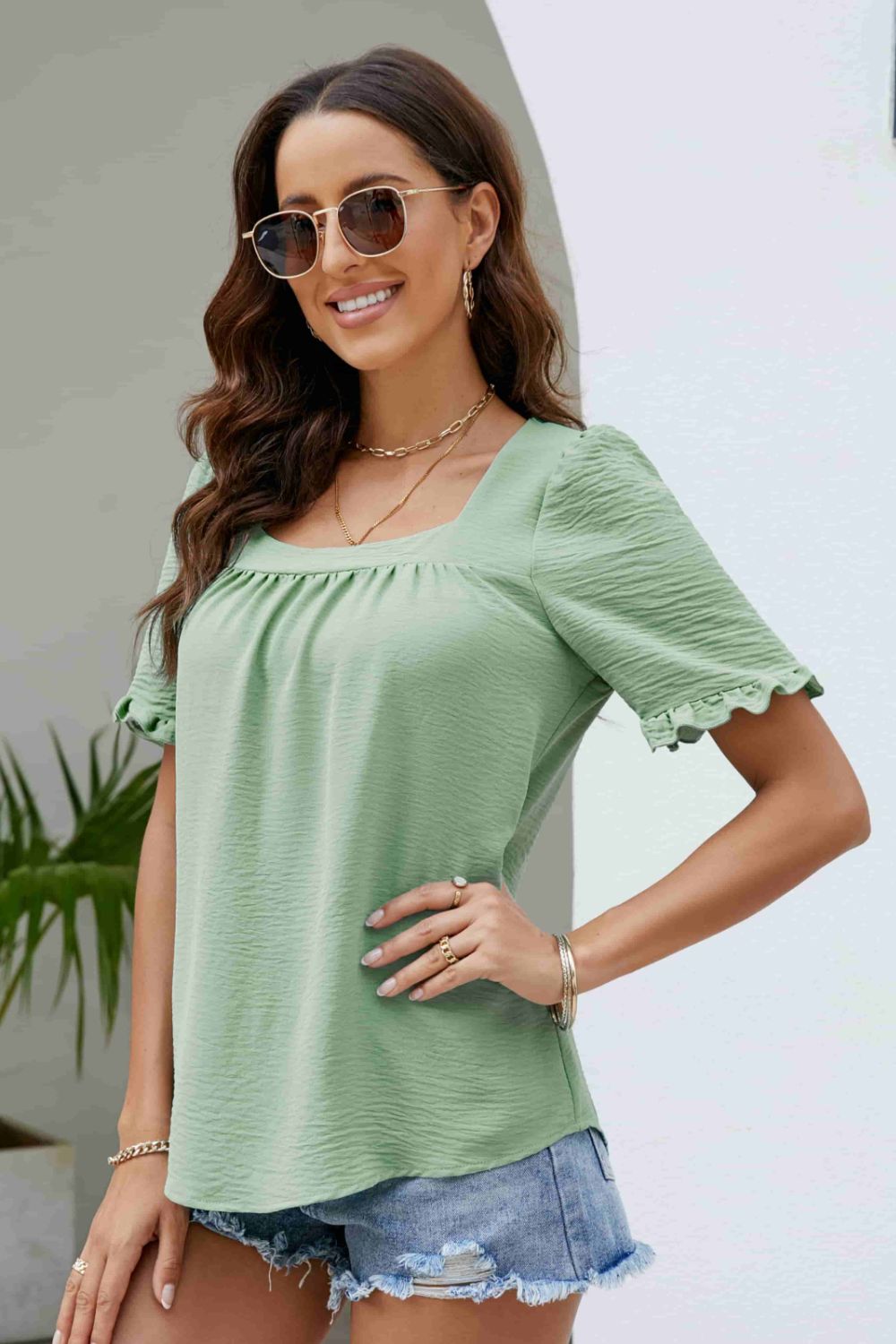 Frill Trim Puff Sleeve Square Neck Blouse