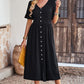 Gathered Detail Buttoned V-Neck Midi Dress