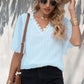 Swiss Dot Lace Trim Flutter Sleeve V-Neck Blouse
