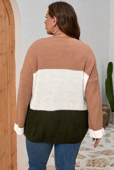 Plus Size Color Block Round Neck Sweater