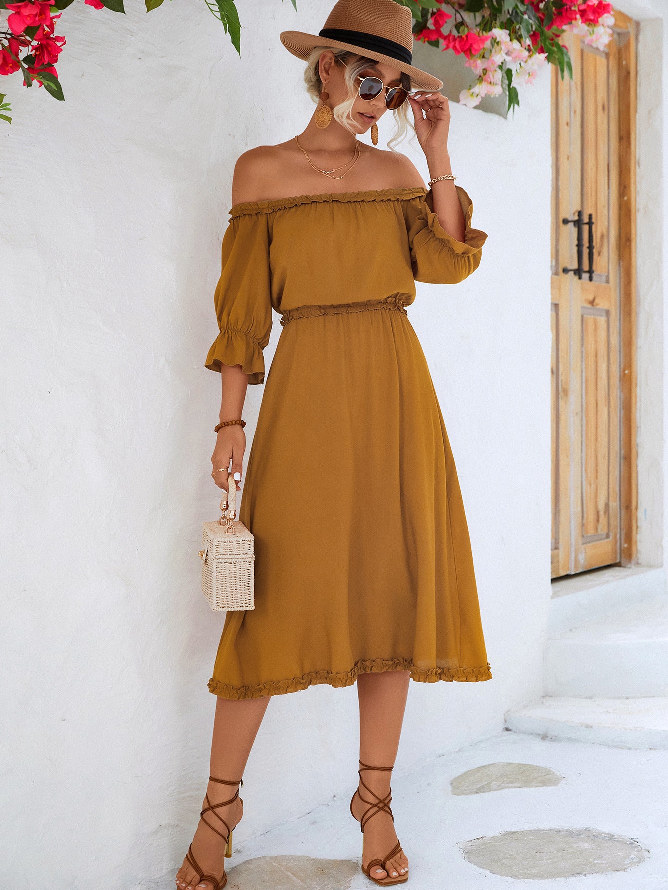 Frilled Off-Shoulder Flounce Sleeve Dress