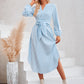 Striped Notched Neck Curved Hem Long Sleeve Dress
