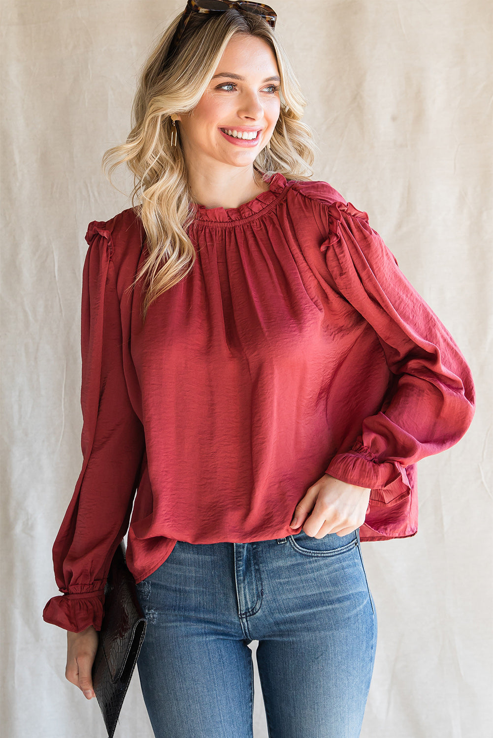 Frilled Neck Long Flounce Sleeve Blouse