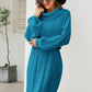 Mixed Knit Turtleneck Lantern Sleeve Sweater Dress