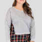 Full Size Plaid Patch Drop Shoulder Round Neck Top