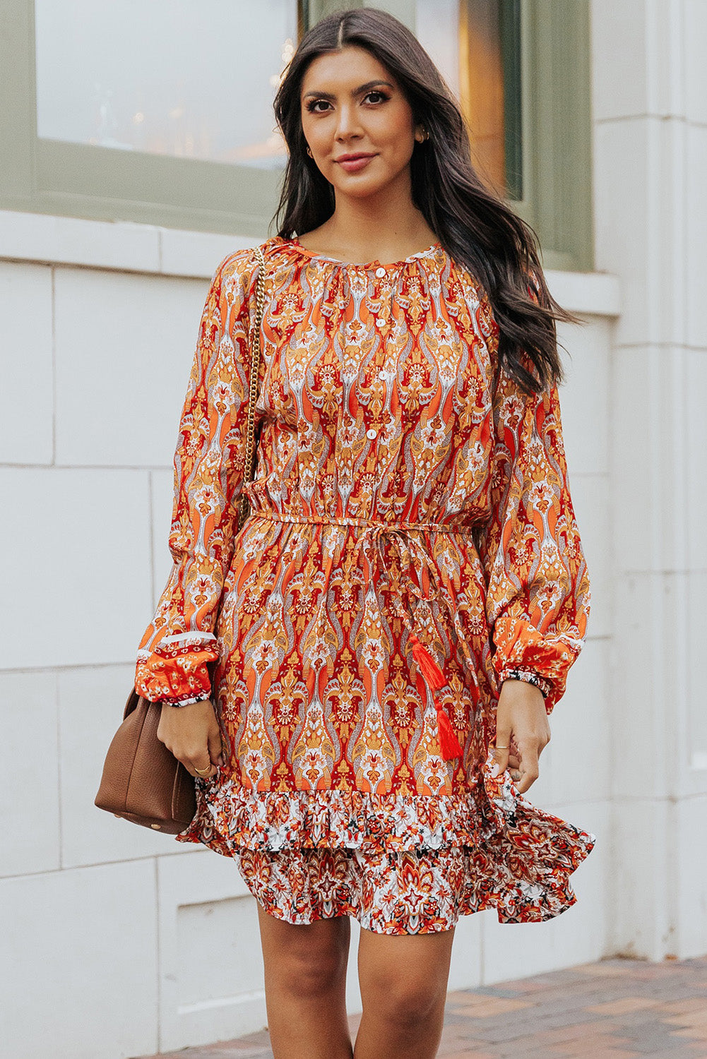 Printed Balloon Sleeve Tassel Tie Dress