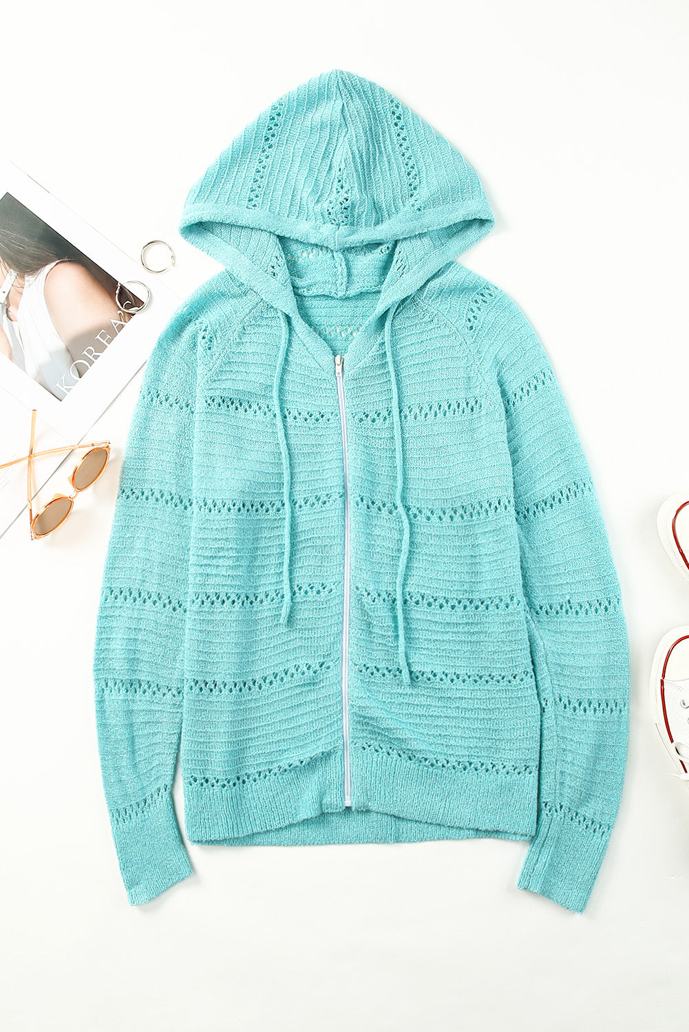 Zip-Up Raglan Sleeve Openwork Hooded Cardigan