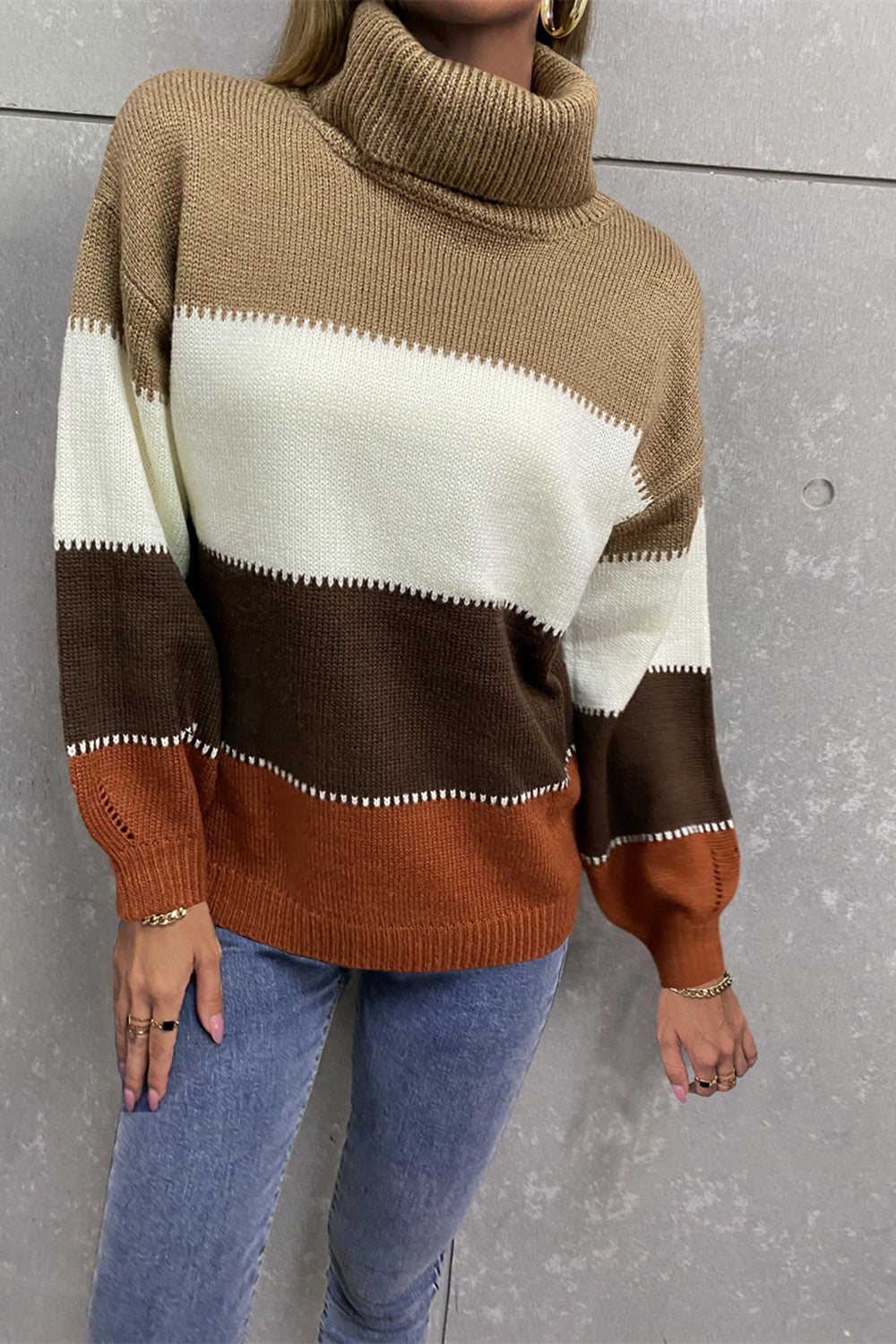 Color Block Lantern Sleeve Turtleneck Sweater