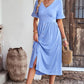 Gathered Detail Buttoned V-Neck Midi Dress