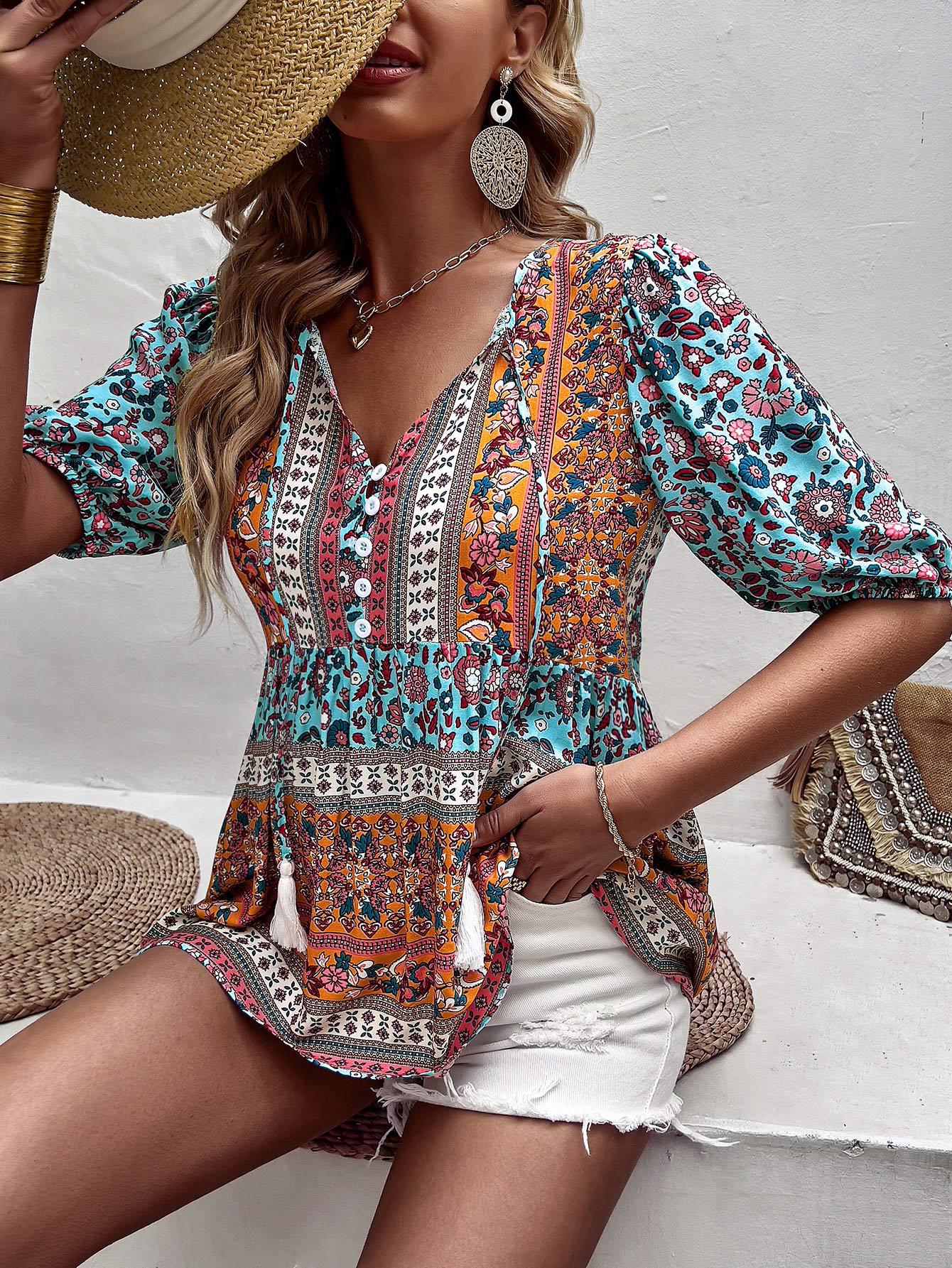 Bohemian Tassel Tie Puff Sleeve Babydoll Blouse