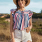 Striped Flutter Sleeve Tied Blouse