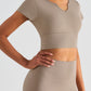 Notched Neck Short Sleeve Cropped Sports Top