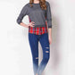 Full Size Plaid Patch Drop Shoulder Round Neck Top