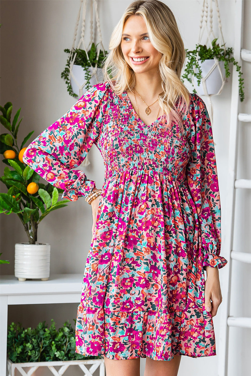 Floral Smocked V-Neck Flounce Sleeve Dress