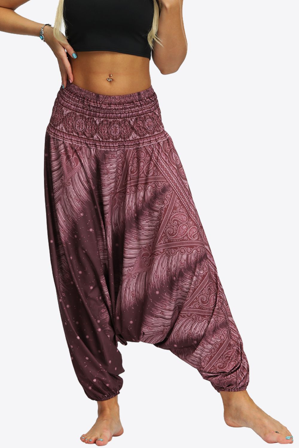 Printed Smocked Waist Harem Pants