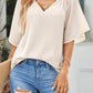 Gathered Detail Notched Neck Flutter Sleeve Top