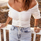 Drawstring Detail Flounce Sleeve Off-Shoulder Crop Top